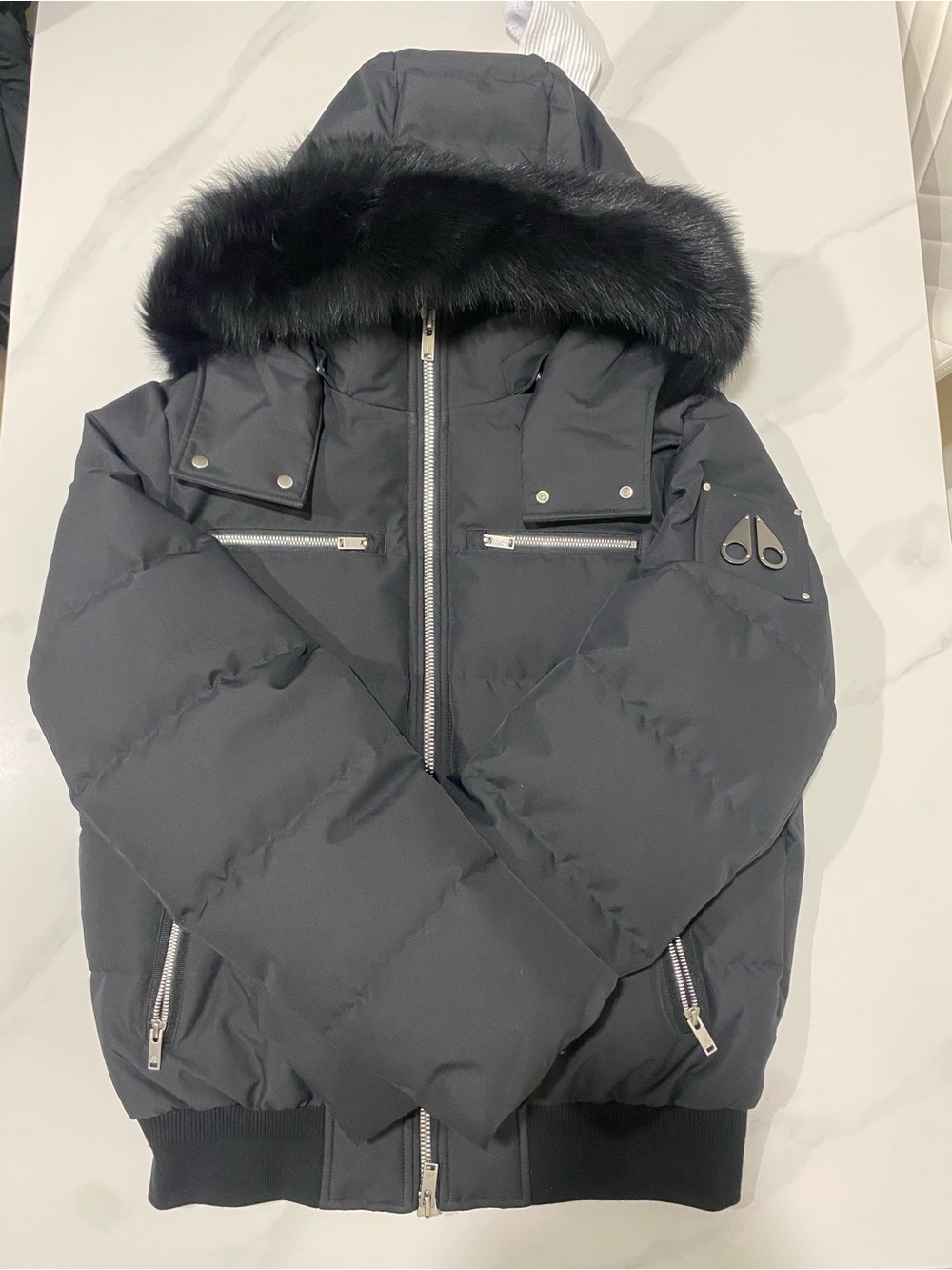 Moose Knuckles Black Bomber Jacket with Fur-Trim Hood